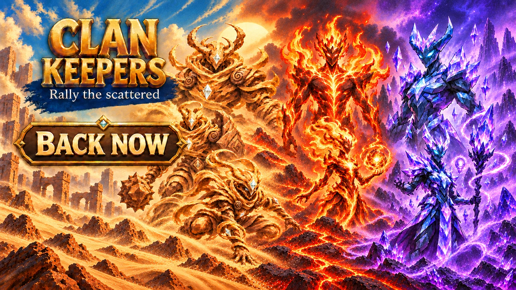 The Sand, Fire and Crystals clans in the campaign artwork
