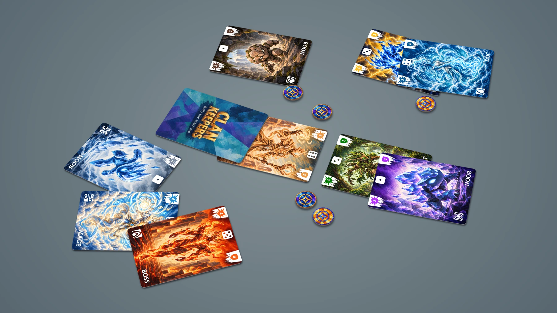 Character cards and tokens set out for a challenge